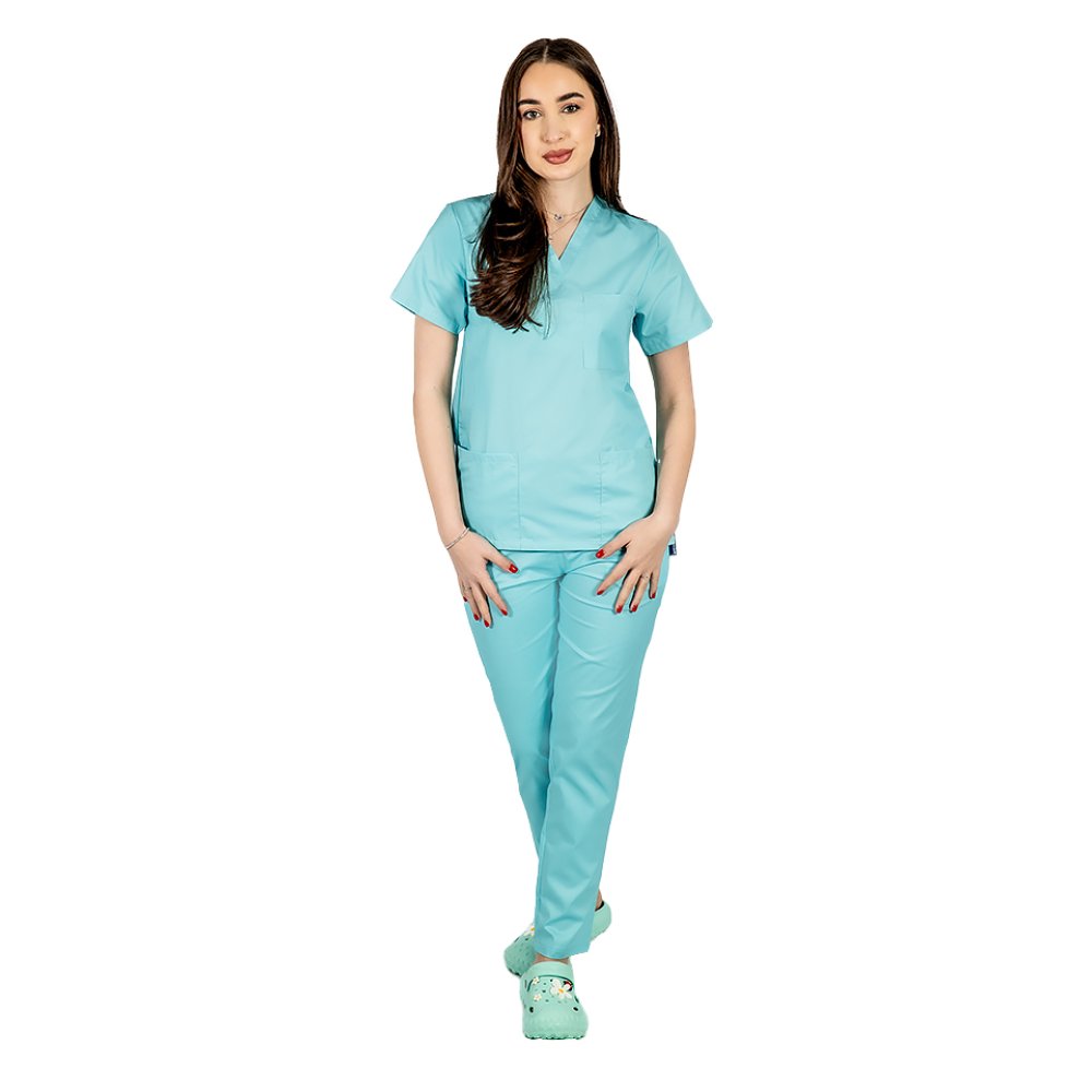 Costum medical menta cu elastan, dama, bluza cu anchior in forma V si pantaloni cu snur