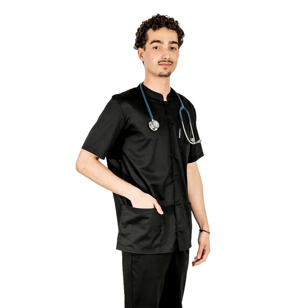 Halat medical negru barbatesc cu guler tip tunica si trei buzunare 