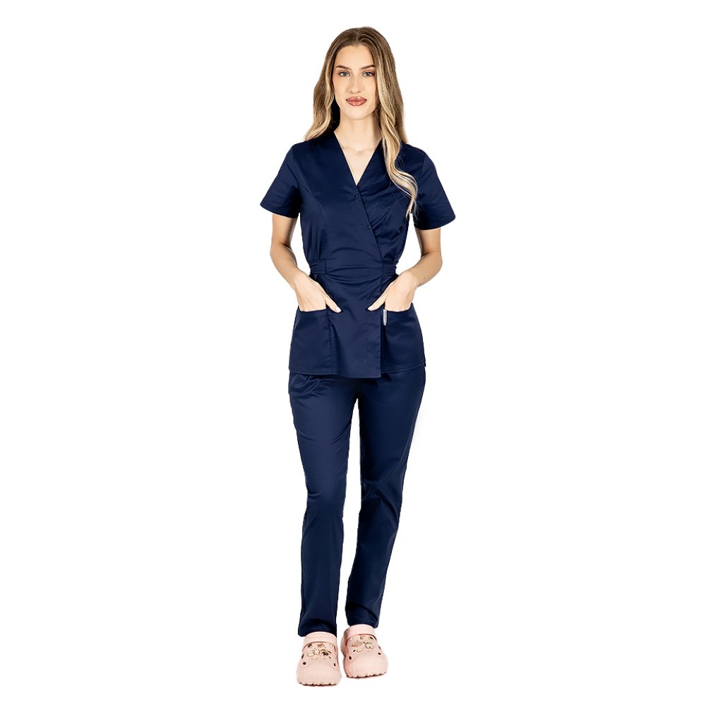Costum medical kimono bleumarin format din bluza si pantaloni cu elastic