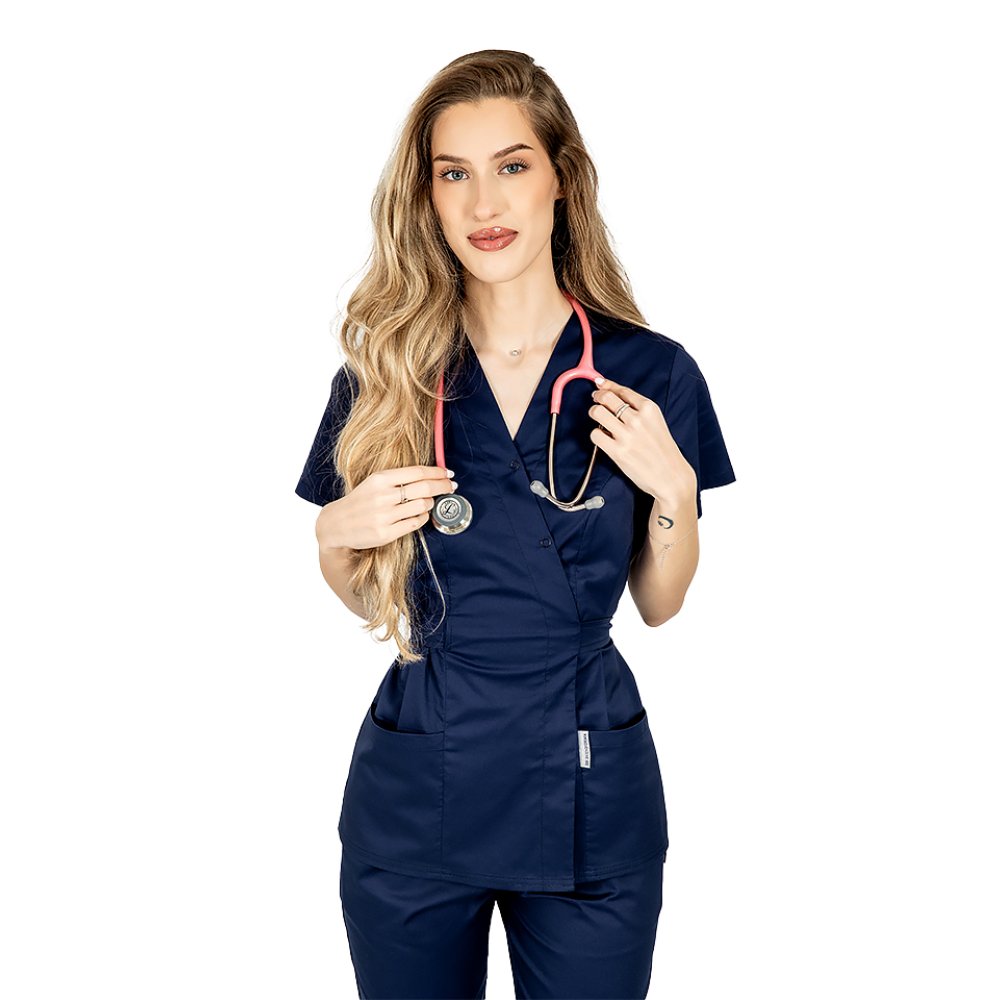 Halat medical kimono bleumarin  cu doua buzunare aplicate