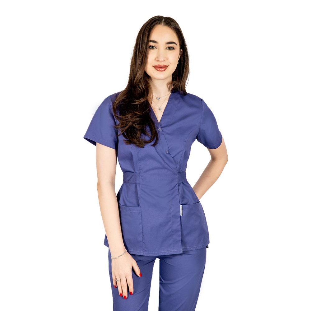 Halat medical kimono mov cu doua buzunare aplicate