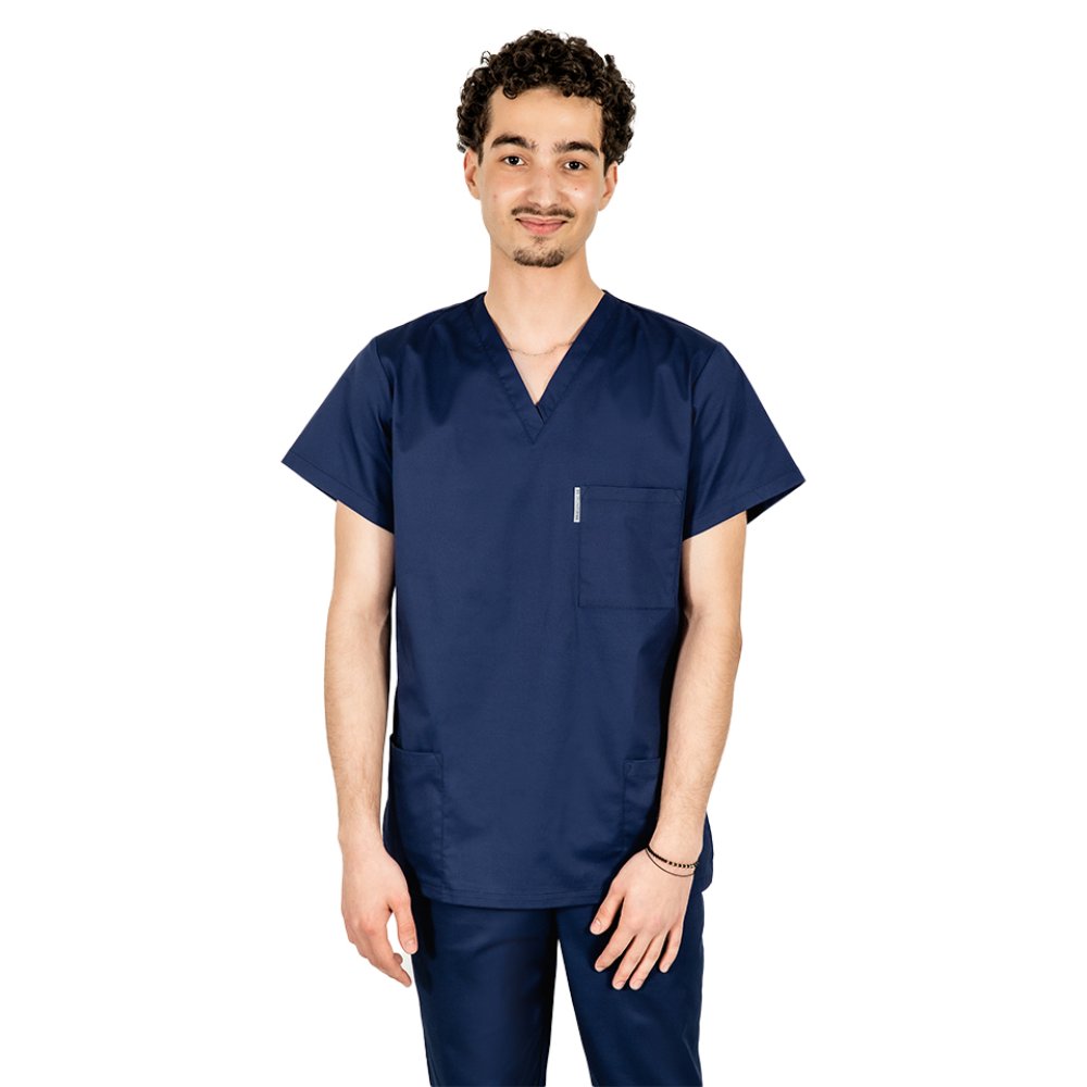 Halat medical bleumarin barbati cu anchior in V si trei buzunare aplicate