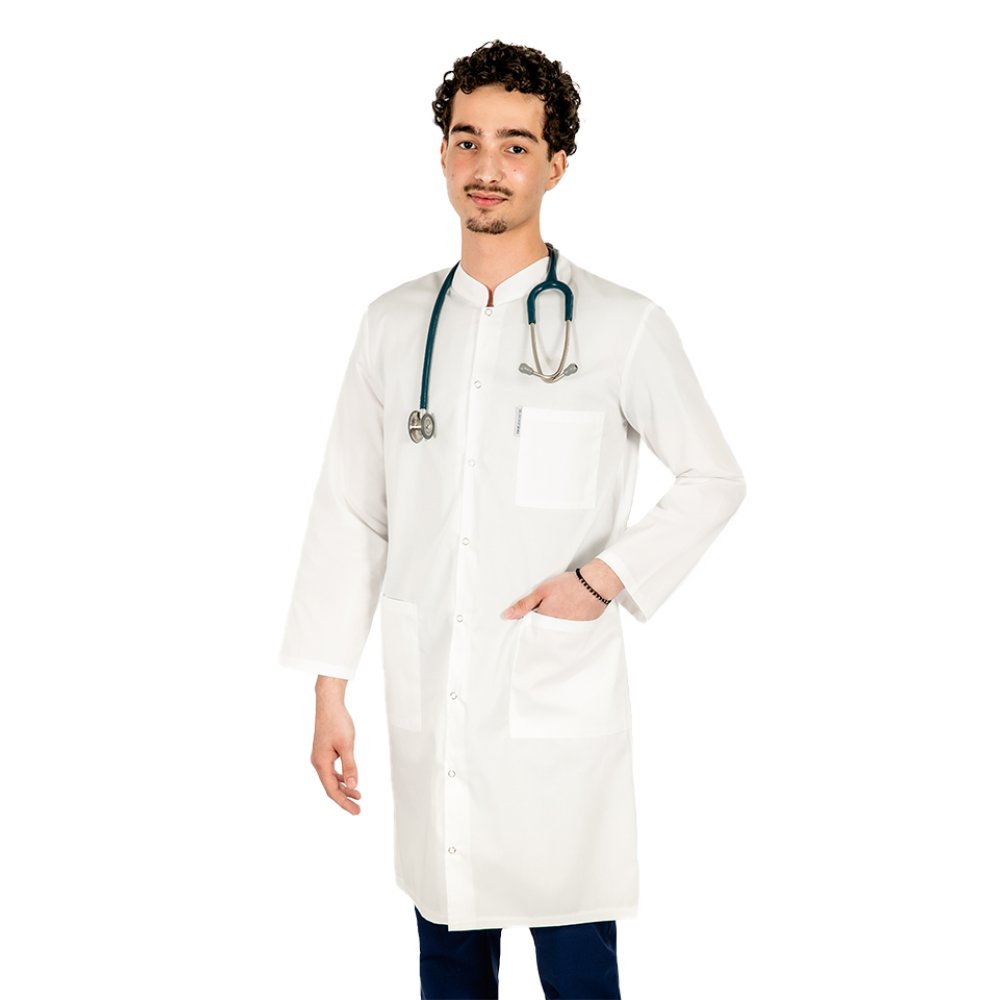 Halat medical alb, unisex, cu guler tip tunica si trei buzunare 