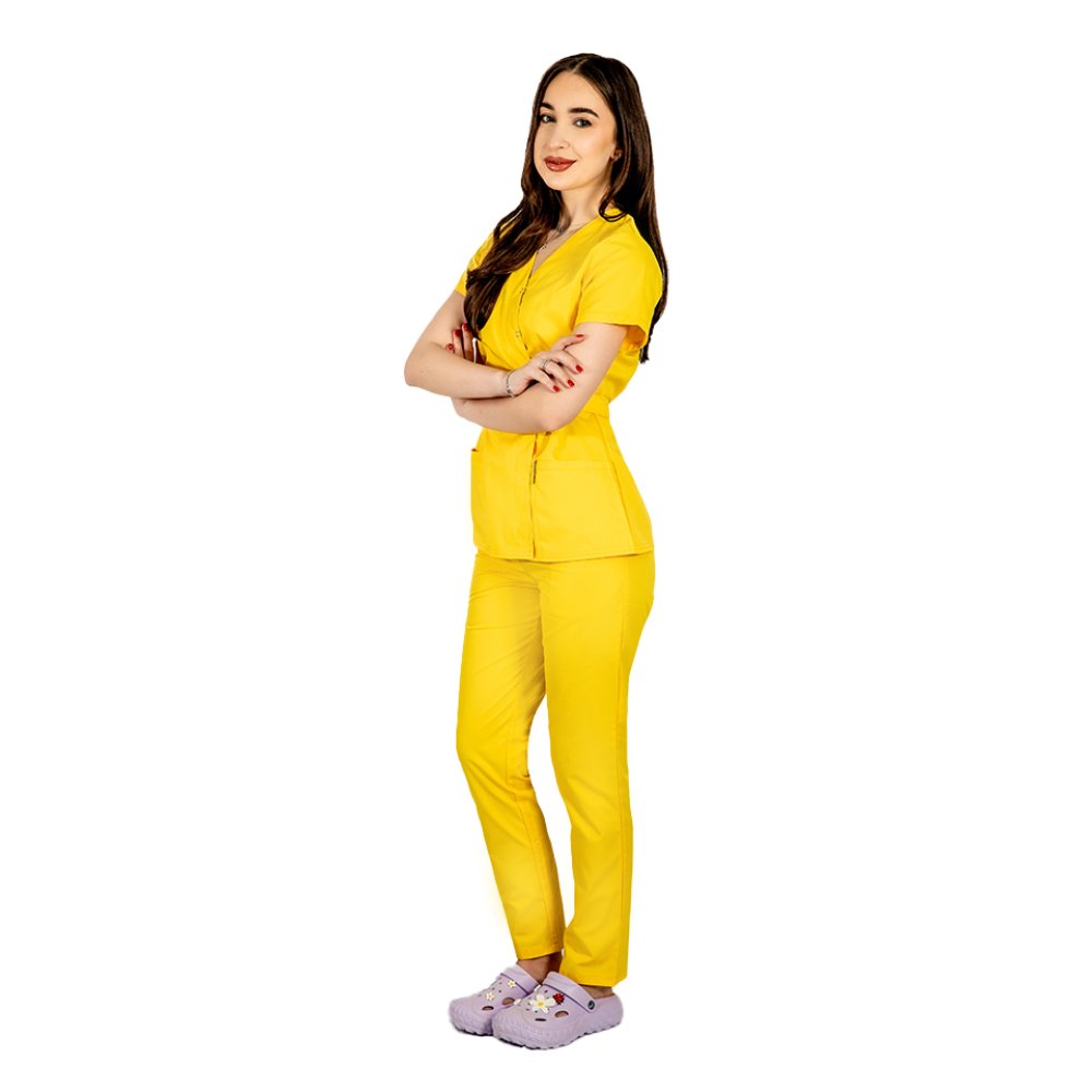 Costum medical galben, cu bluza tip kimono si pantaloni galben cu elastic