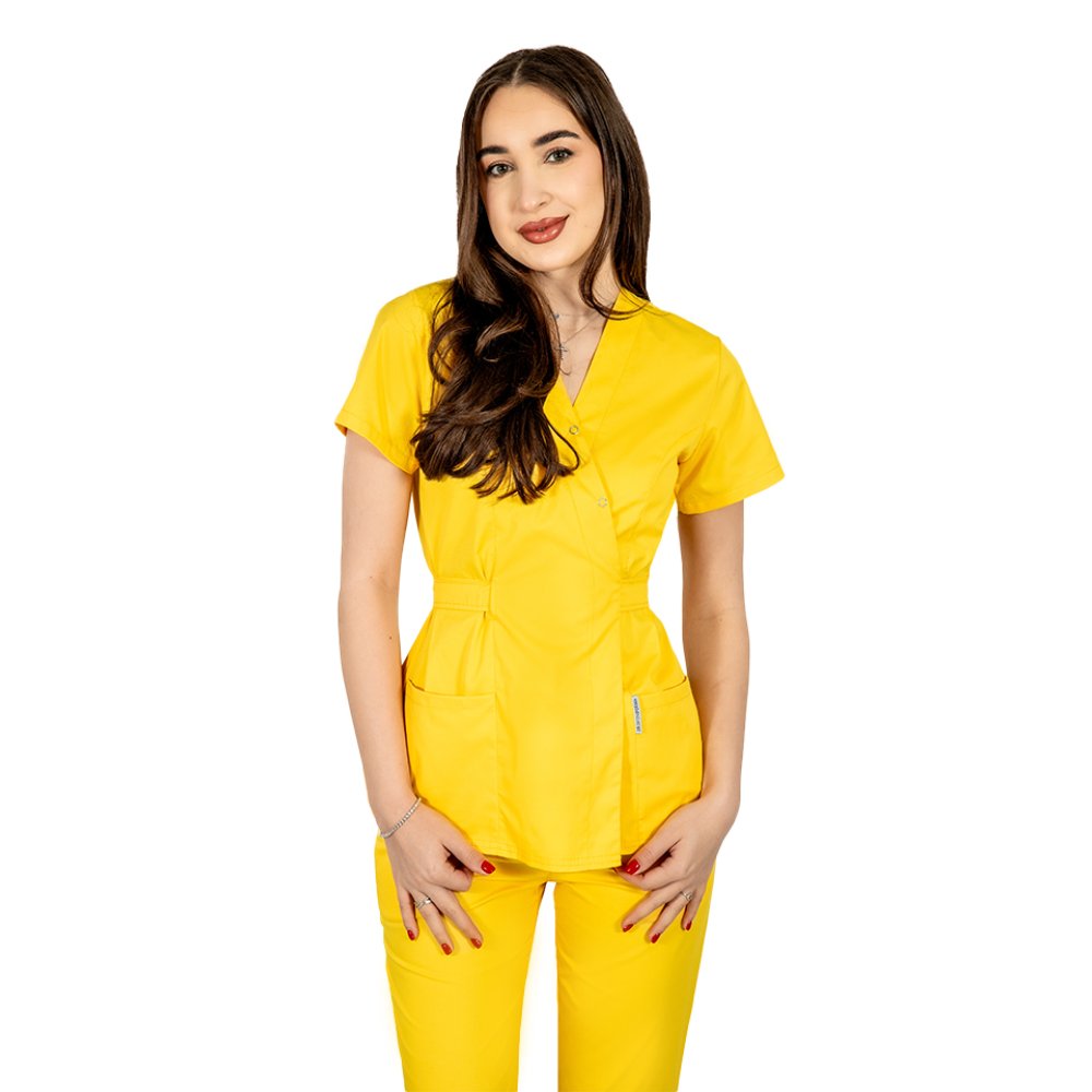Halat medical kimono galben cu doua buzunare aplicate