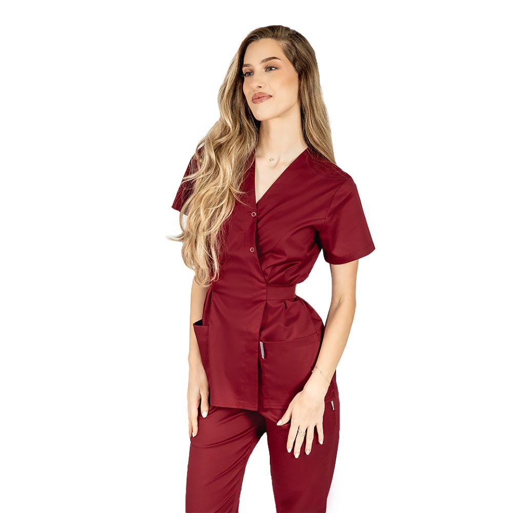 Costum medical kimono grena, cu elastan, bluza tip kimono si pantaloni cu snur in talie