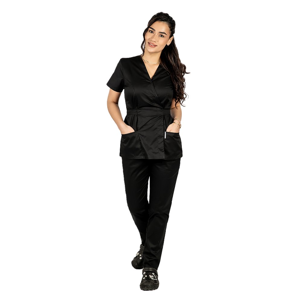 Costum medical negru, cu bluza tip kimono si pantaloni cu elastic
