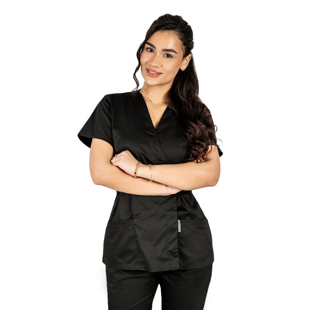 Halat medical kimono negru cu doua buzunare aplicate