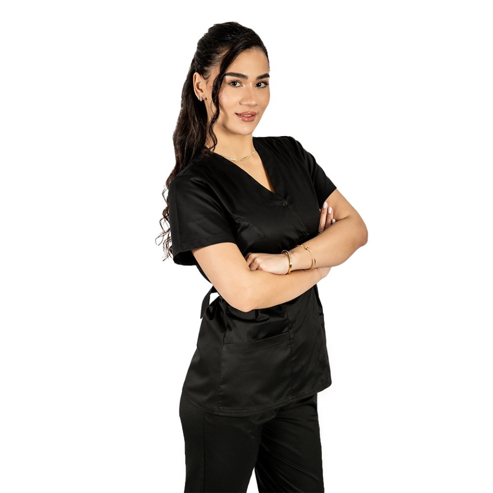 Costum medical negru, cu bluza tip kimono si pantaloni cu elastic