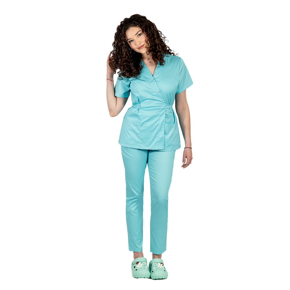 Costum medical menta, cu elastan, bluza tip kimono si pantaloni cu snur in talie