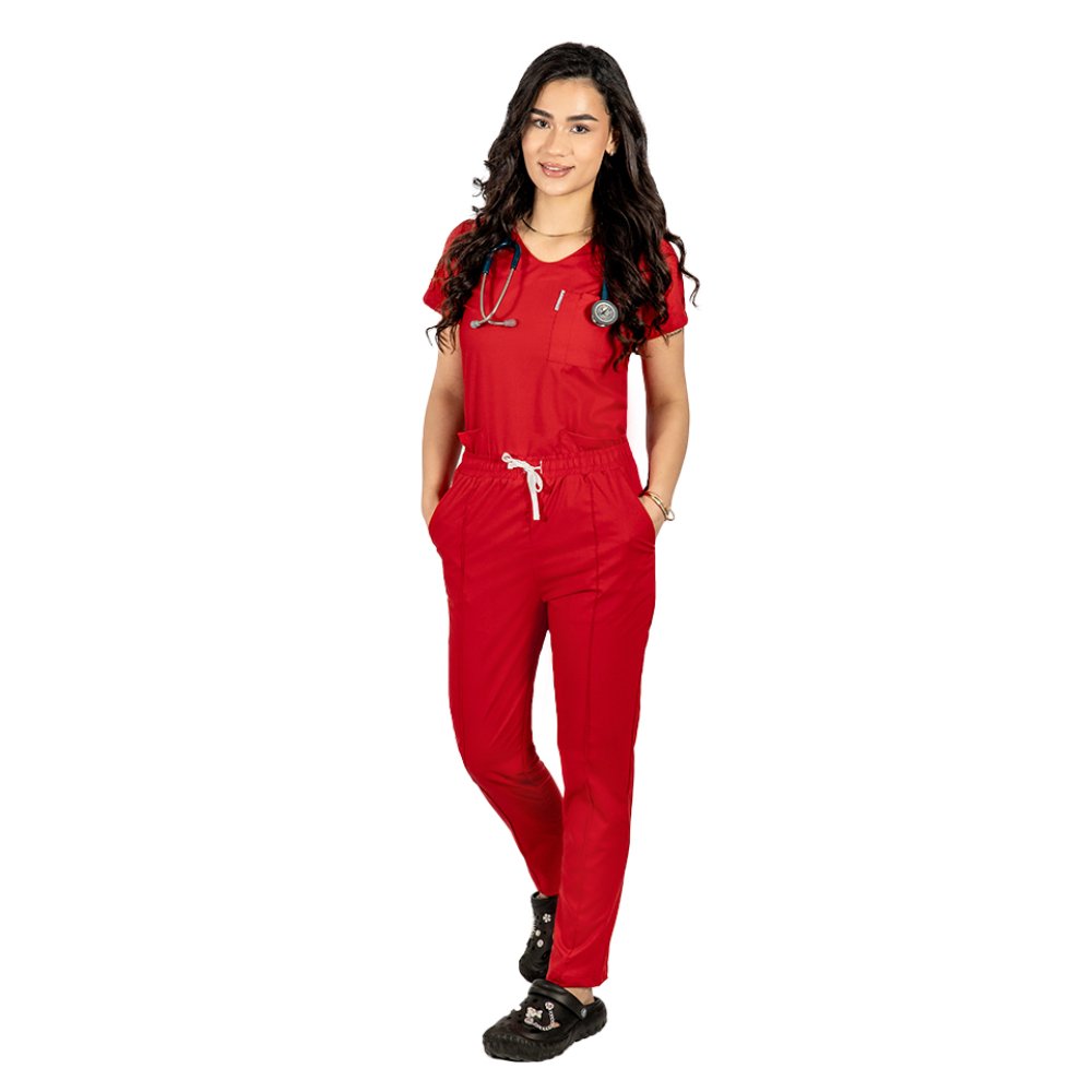 Costum medical stretch rosu cu bluza cu anchior si pantaloni cu snur si elastic
