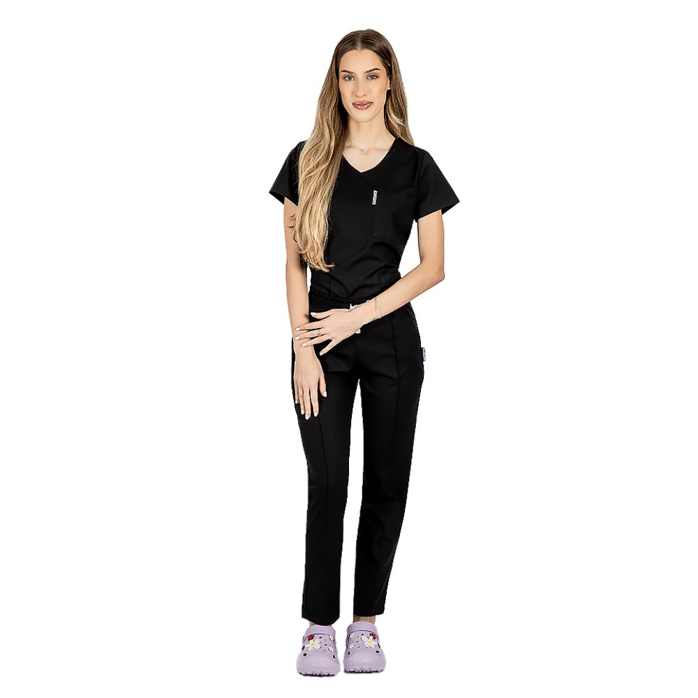 Costum medical stretch negru cu bluza in V si pantaloni cu snur si elastic