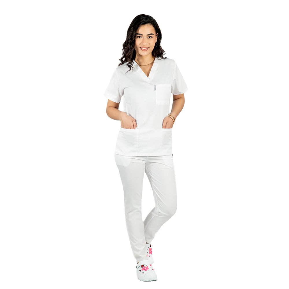 Costum medical cu elastan alb, dama, format din bluza cu anchior in V si pantaloni albi cu snur