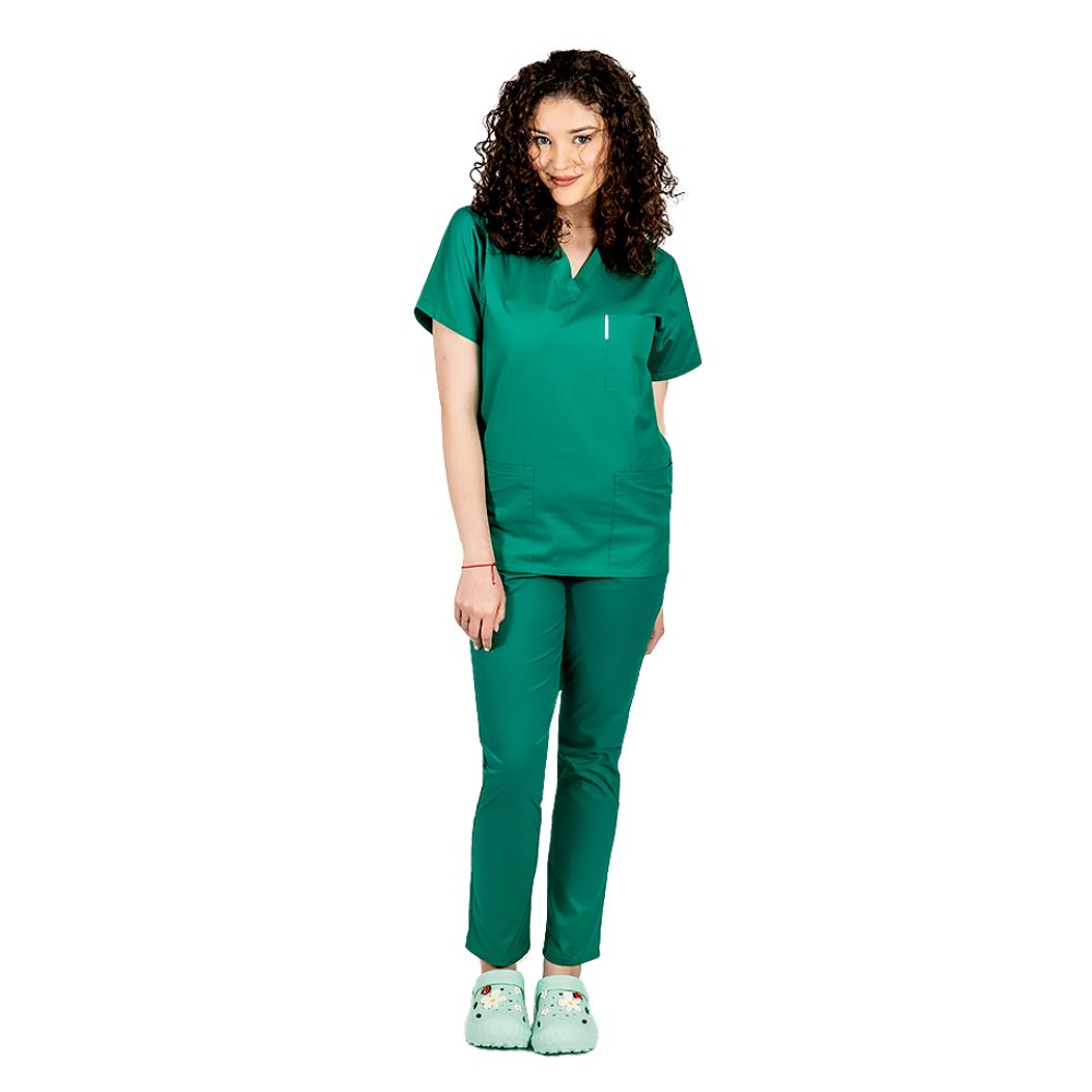 Costum medical verde , cu bluza cu anchior in V si pantaloni verde chirurgical 