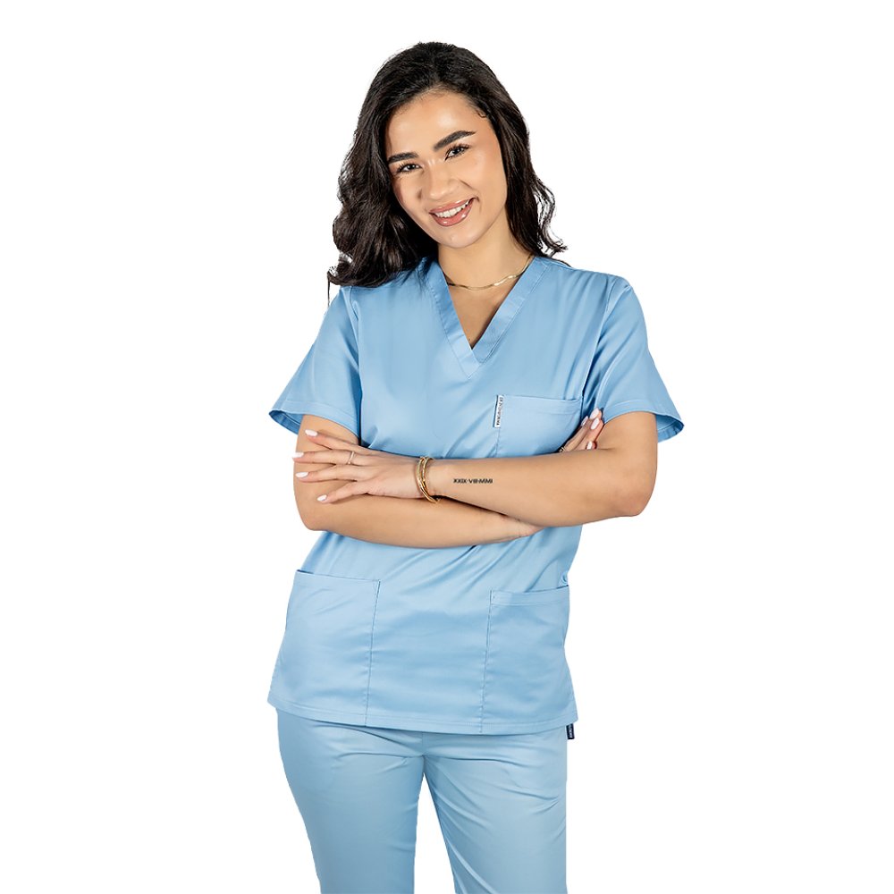 Halat medical bleo cu elastan, dama, cu anchior in V si trei buzunare aplicate