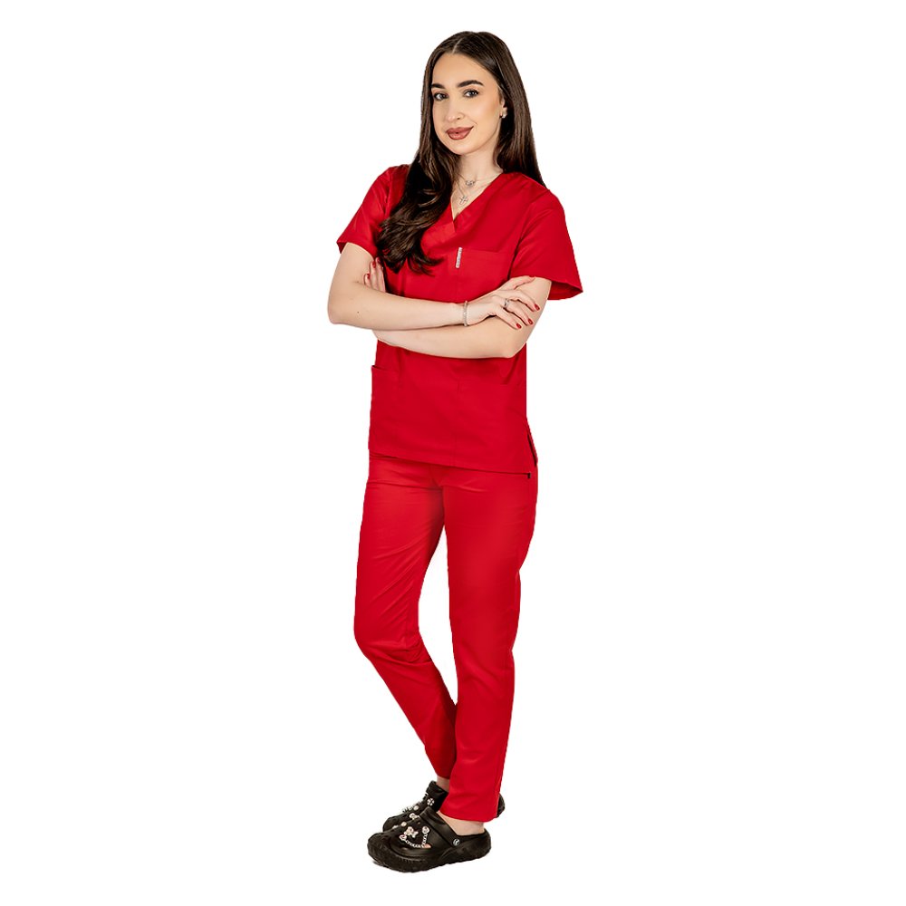 Halat medical rosu cu anchior in forma V si trei buzunare aplicate