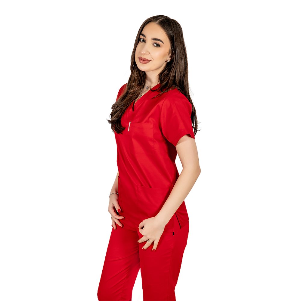 Halat medical rosu cu anchior in forma V si trei buzunare aplicate