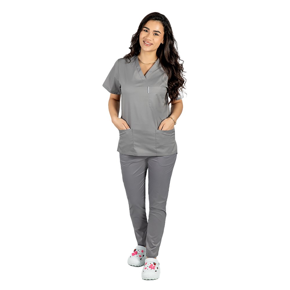 Halat medical gri cu elastan, dama, anchior in V si trei buzunare aplicate