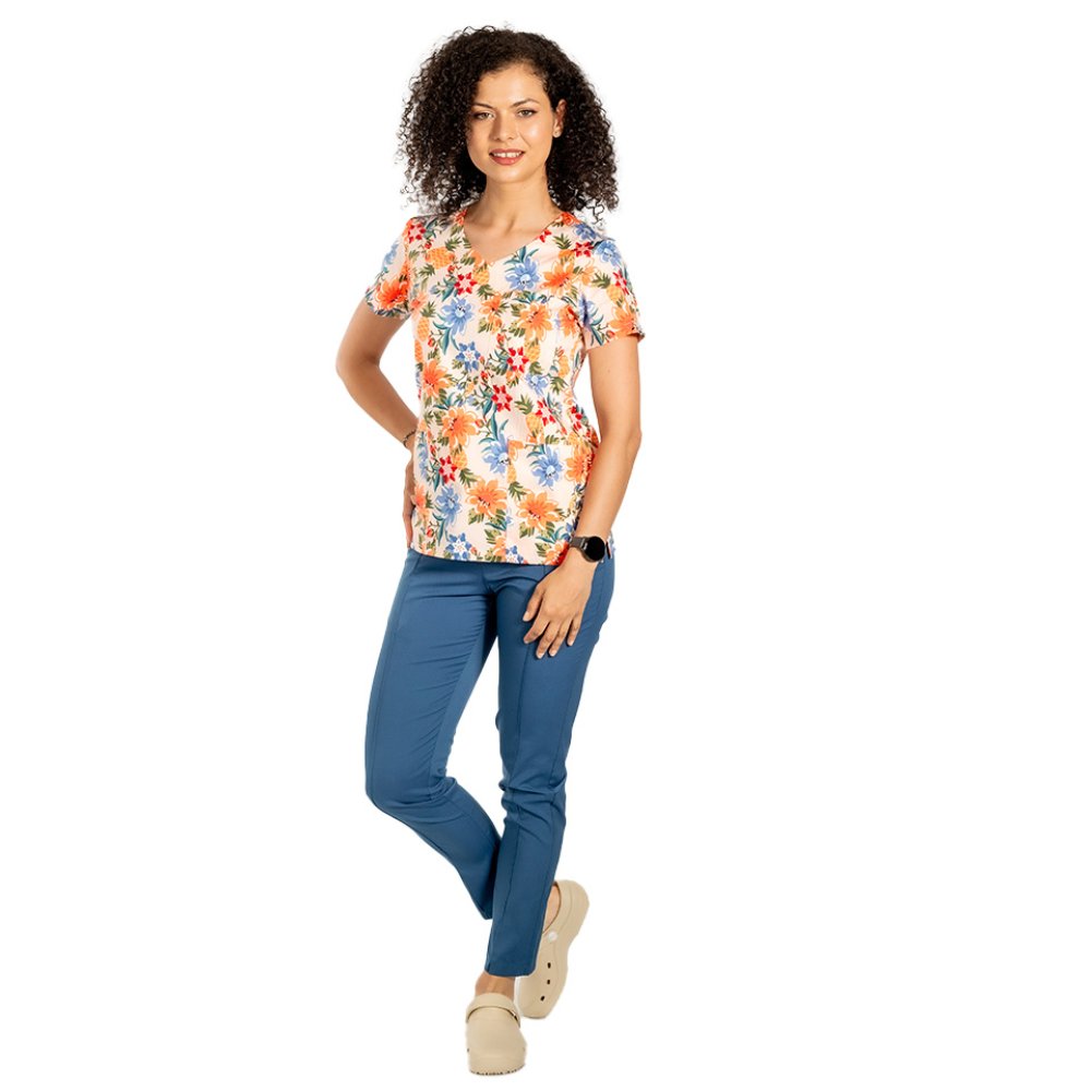Costum medical stretch Flowers cu bluza imprimata si pantaloni stretch jeans cu snur si elastic
