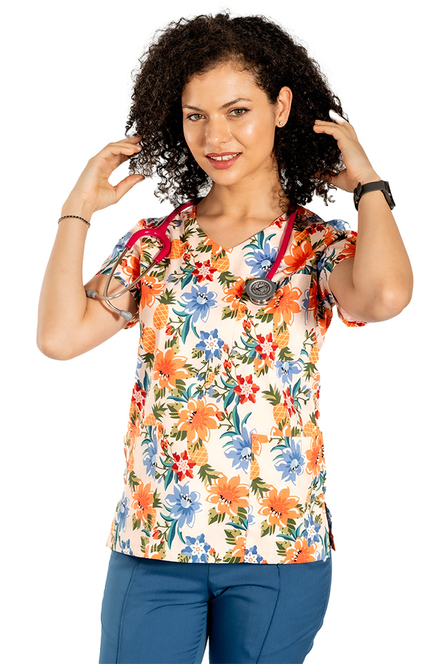 Costum medical stretch Flowers cu bluza imprimata si pantaloni stretch jeans cu snur si elastic