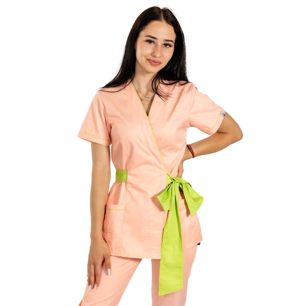 Halat medical kimono piersica cu paspol lime si cordon cu legare tip fundita