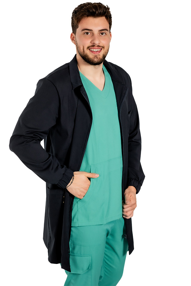 Halat medical bleumarin de laborator,model barbatesc, cu guler, trei buzunare si maneca lunga
