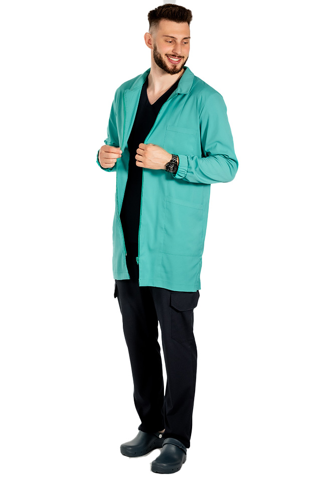 Halat medical verde turcoaz de laborator,model barbatesc, cu guler, trei buzunare si maneca lunga