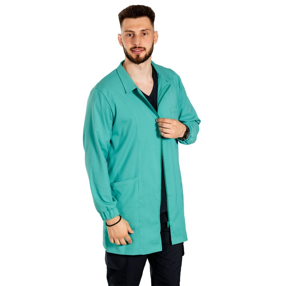Halat medical verde turcoaz de laborator,model barbatesc, cu guler, trei buzunare si maneca lunga