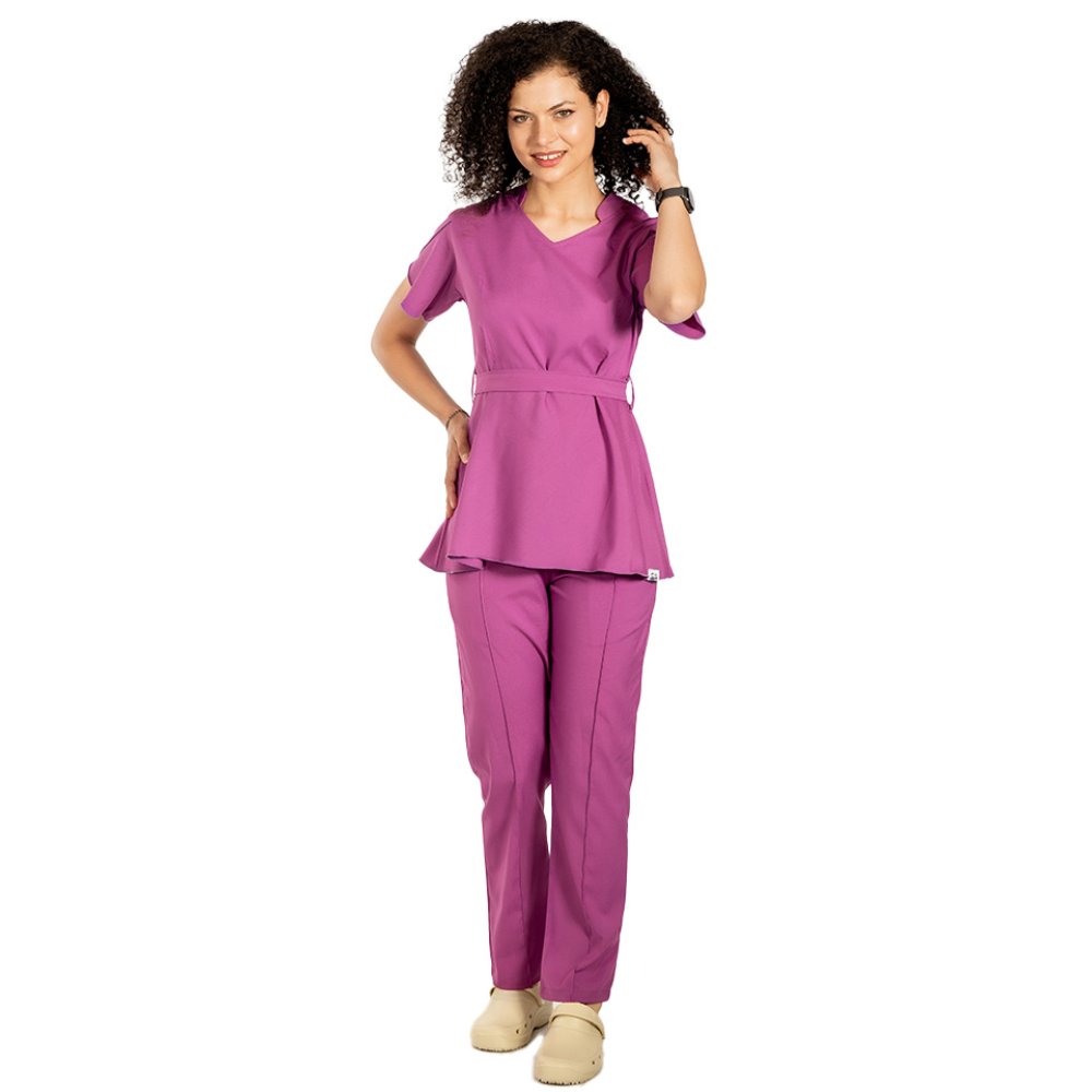 Costum medical stretch Alina, culoare magenta, bluza cu cordon si pantaloni cu snur si elastic
