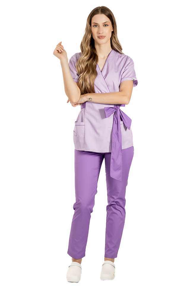 Halat medical kimono lila cu paspol mov si cordon cu legare tip fundita
