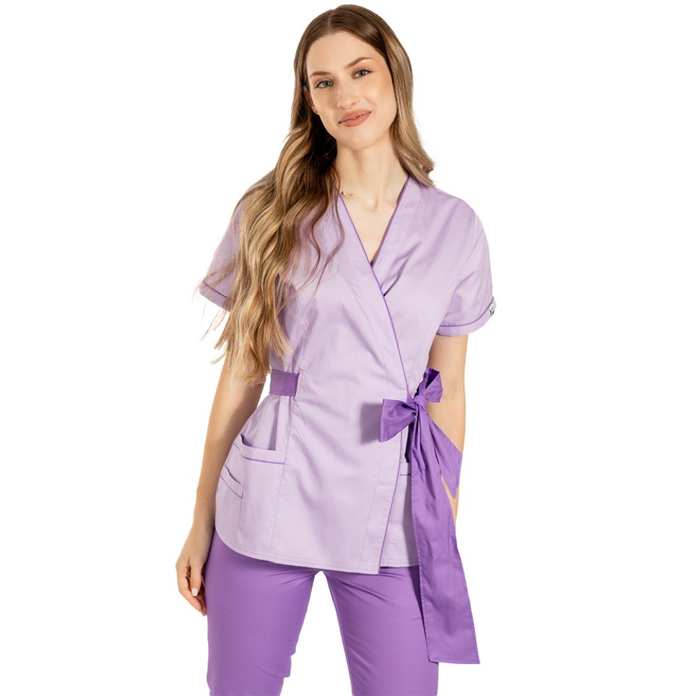 Halat medical kimono lila cu paspol mov si cordon cu legare tip fundita