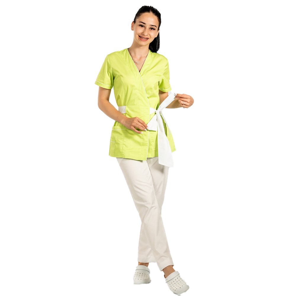Costum medical kimono limecu paspol alb, cordon cu legare tip