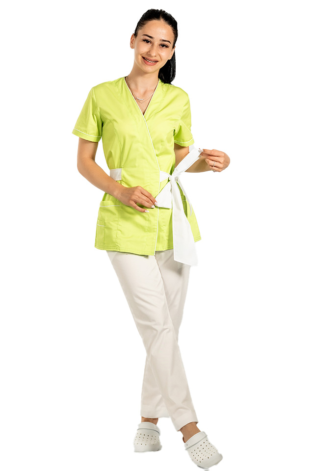 Costum medical kimono limecu paspol alb, cordon cu legare tip fundita si pantaloni cu elastic