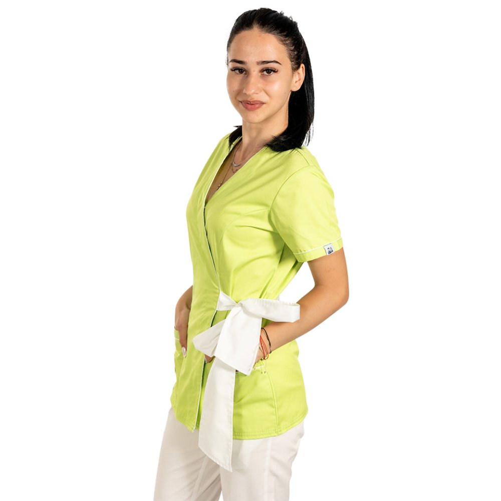 Halat medical kimono lime cu paspol alb si cordon cu legare tip fundita