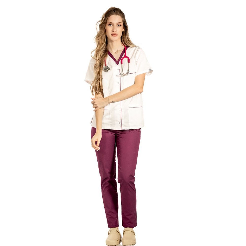 Costum medical cu elastan format din bluza alb cu paspol visina si pantaloni visinacu elastic