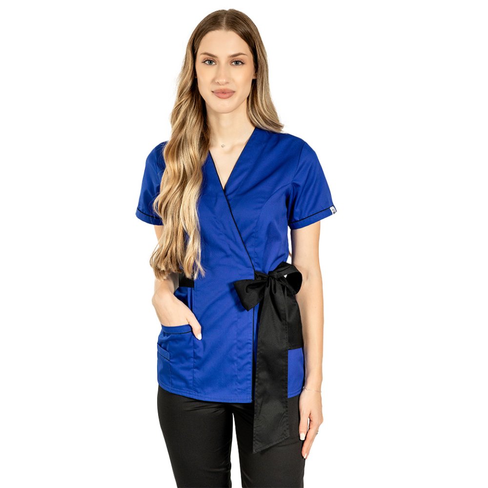 Halat medical kimono albastru cu paspol negru si cordon cu legare tip fundita
