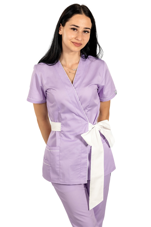 Halat medical kimono lila cu paspol alb si cordon cu legare tip fundita