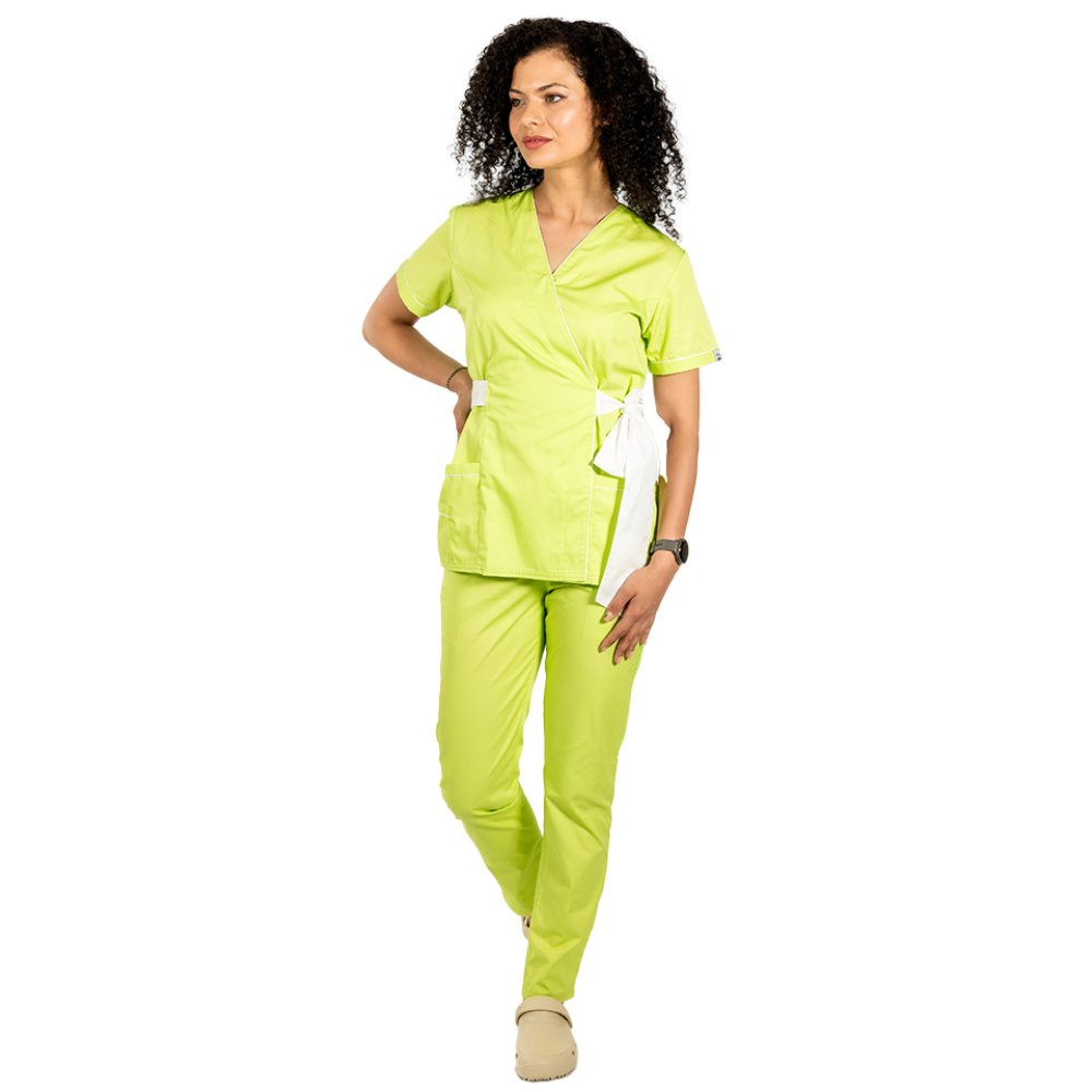 Costum medical kimono limecu paspol alb, cordon cu legare tip fundita si pantaloni cu elastic