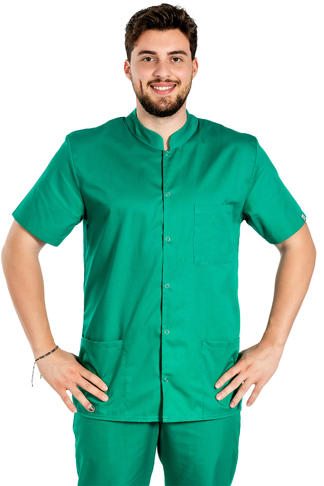 Halat medical verde chirurgical barbatesc cu guler tip tunica si trei buzunare 
