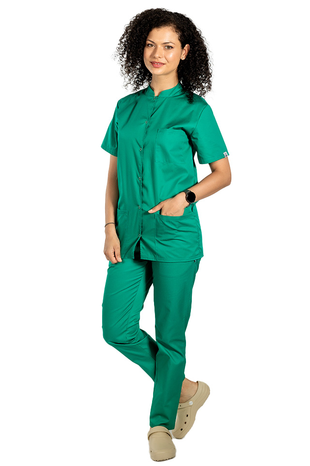 Halat medical verde chirurgical cu guler tip tunica si trei buzunare 