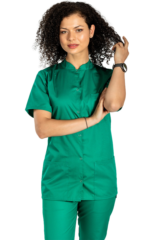 Halat medical verde chirurgical cu guler tip tunica si trei buzunare 