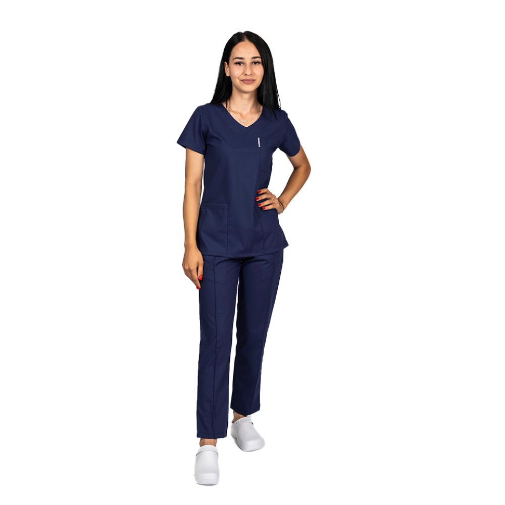 Costum medical stretch bleumarin cu bluza in V si pantaloni cu snur si elastic