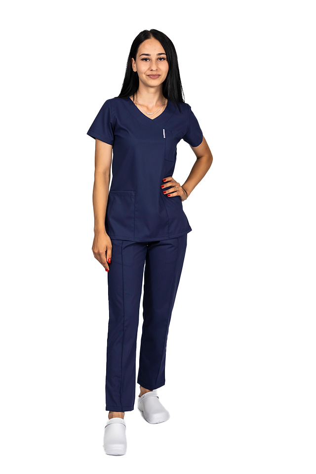 Costum medical stretch bleumarin cu bluza in V si pantaloni cu snur si elastic