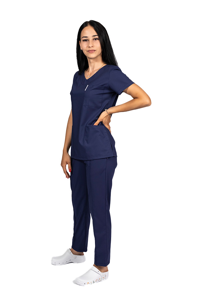 Costum medical stretch bleumarin cu bluza in V si pantaloni cu snur si elastic