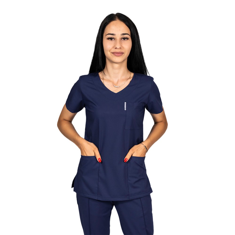 Costum medical stretch bleumarin cu bluza in V si pantaloni cu snur si elastic