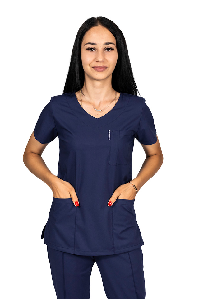 Costum medical stretch bleumarin cu bluza in V si pantaloni cu snur si elastic