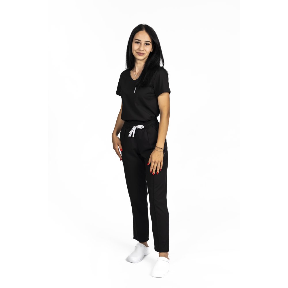 Costum medical stretch negru cu bluza in V si pantaloni cu snur si elastic
