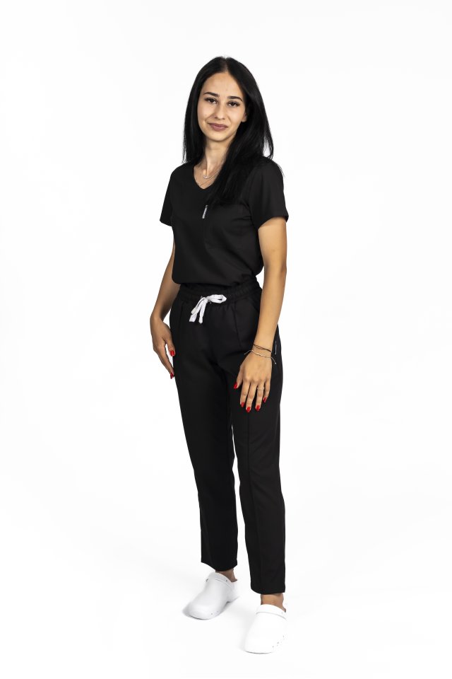Costum medical stretch negru cu bluza in V si pantaloni cu snur si elastic