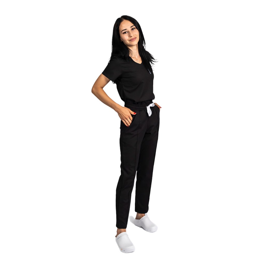 Costum medical stretch negru cu bluza in V si pantaloni cu snur si elastic