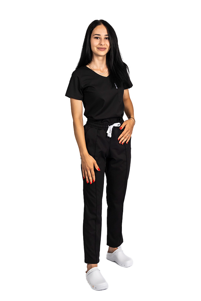 Costum medical stretch negru cu bluza in V si pantaloni cu snur si elastic